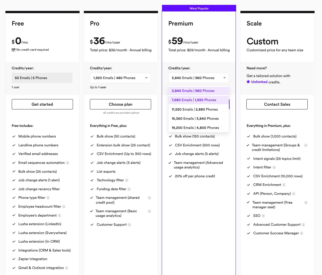 Example of a two-tier pricing plan, where feature set and value metrics are separated. Source: Lusha pricing page